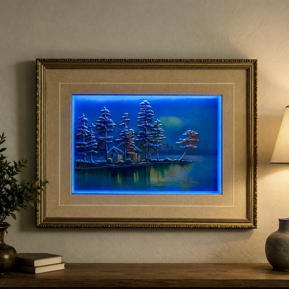 VTG Electric Lighted Picture 23”X28” Lake House Cabin Illuminated Wall Art Rare